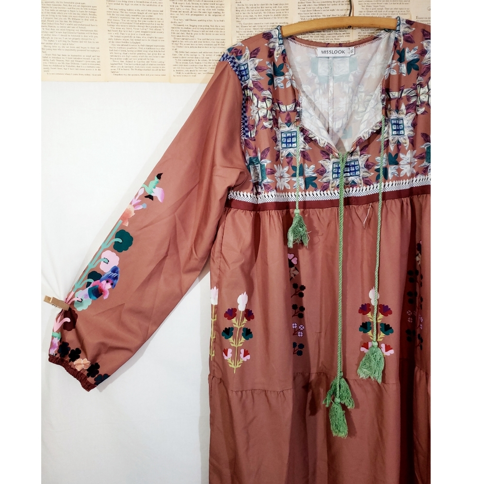 Fairycore Mori Girl Floral Print Brown Maxi sz XL 70s Retro Look Cottagecore - Picture 3 of 7